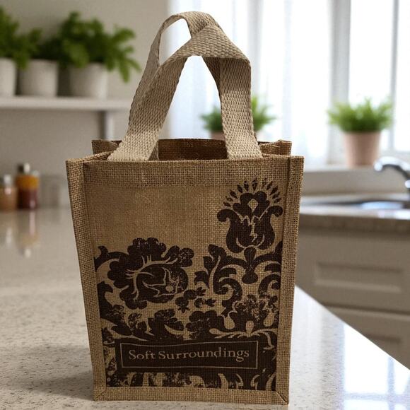 Soft Surroundings Small Jute Tote Bag Damask Print Brown Eco Friendly Gift Bag - Picture 2 of 8